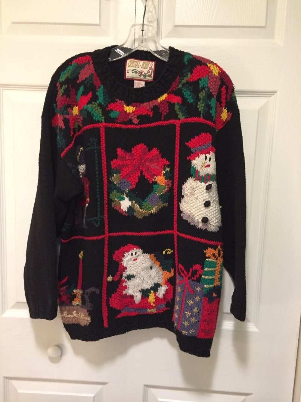 VTG Crystal Kobe Knit Christmas Sweater Sz L Large Santa, Snowman, 3/4 Sleeve